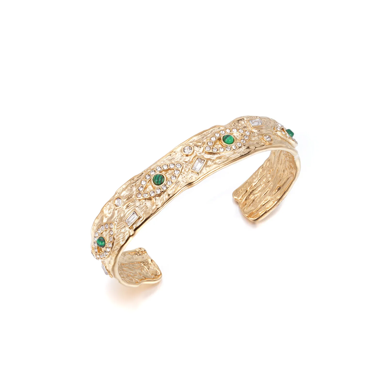 A001 Stainless Steel Rhinestone + Malachite Bangle - Image 1