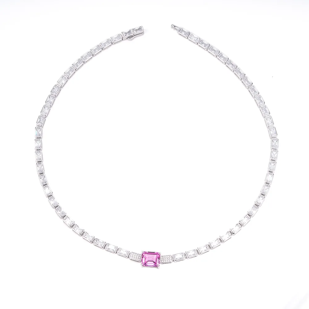 A001 S925 Silver Lab-Grown Padparadscha Pink Sapphire Necklace - Image 1